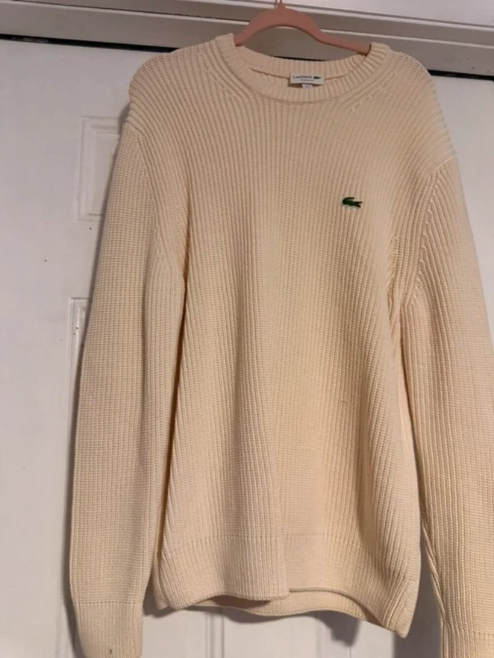 Lacoste Classic Fit Sweater with Herringbone Knit, Cream — Men's Size L